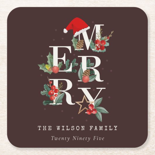 赤緑白メリークリスマスの葉 スクエアペーパーコースター (正面)