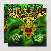 赤緑色リボン金ゴールドケルトハートダマスモノグラム 招待状 (正面/裏面)