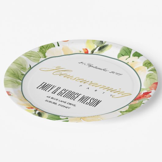 赤緑色水色フローラ金ゴールド引っ越し祝いパーティー ペーパープレート (アングル)