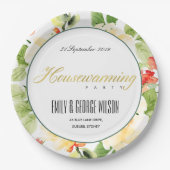 赤緑色水色フローラ金ゴールド引っ越し祝いパーティー ペーパープレート (正面)