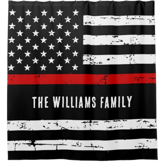 赤線パーソナライズされた細の消防 シャワーカーテン (正面)