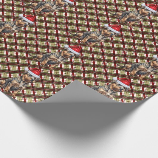 赤縁どと緑のクリスマスを持つテリア ラッピングペーパー (角)