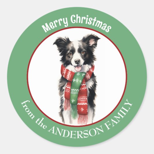 赤縁どと緑のクリスマススカーフのコリー犬 ラウンドシール (正面)