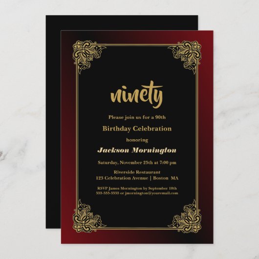 赤縁ど黒90歳の誕生日パーティー 招待状 (正面/裏面)