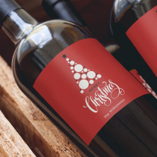 赤背景のモダンなクリスマスツリー ワインラベル