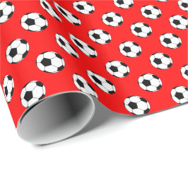 赤背景の黒と白のサッカーボール ラッピングペーパー