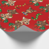 赤背景トナカイのチームラッピング紙 ラッピングペーパー (角)