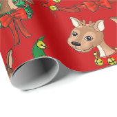 赤背景トナカイのチームラッピング紙 ラッピングペーパー (ロールコーナー)