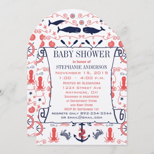 赤航海のちゃんシャワーコーラルネイビーシールタコ 招待状 (正面/裏面)