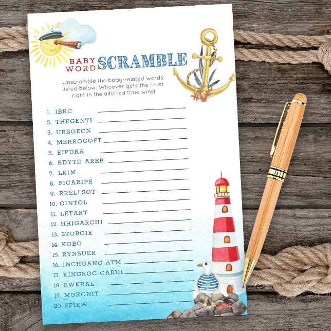 赤航海のちゃんシャワーベビー単語スクランブルゲーム (Baby word scramble game card from my Ahoy it's a boy Nautical Baby Shower collection)