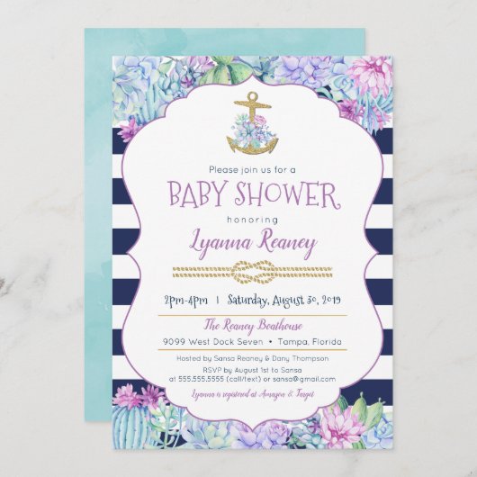 赤航海のちゃんシャワー多肉海軍ブルーラベンダー 招待状 (正面/裏面)