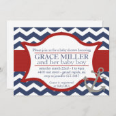 赤航海のちゃんシャワー招待状。ネイビーブルーとレッド。 招待状 (正面/裏面)