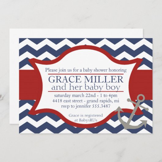 赤航海のちゃんシャワー招待状。ネイビーブルーとレッド。 招待状 (正面/裏面)