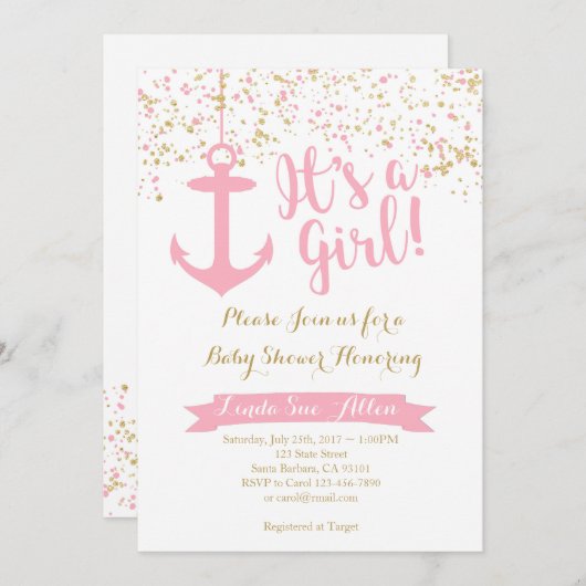赤航海のちゃんシャワー招待状 – ピンクと金ゴールド 招待状 (正面/裏面)