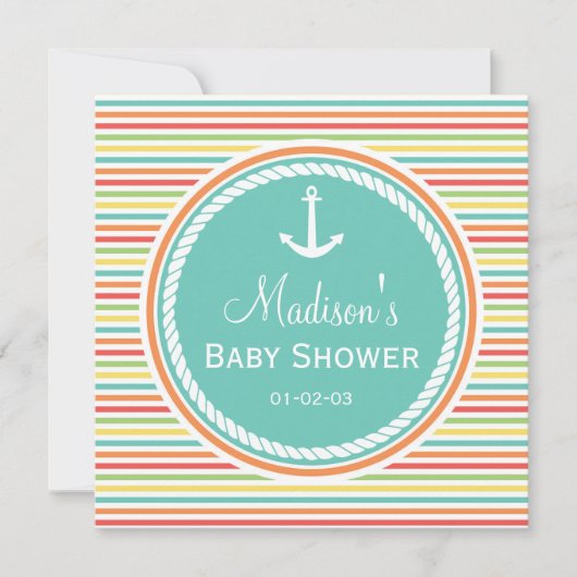 赤航海のちゃんシャワー、明るい虹のストライプ 招待状 (正面)