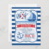 赤航海のちゃんシャワー、青と白のストライプ インビテーションポストカード (正面/裏面)