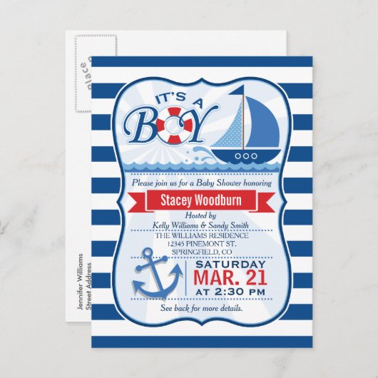 赤航海のちゃんシャワー、青と白のストライプ インビテーションポストカード (正面/裏面)
