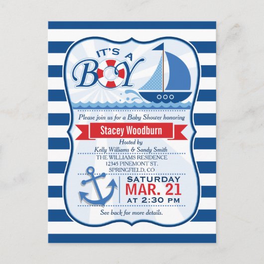 赤航海のちゃんシャワー、青と白のストライプ インビテーションポストカード (正面)