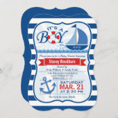 赤航海のちゃんシャワー、青と白のストライプ 招待状 (正面/裏面)