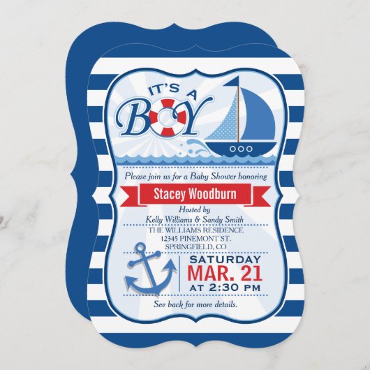 赤航海のちゃんシャワー、青と白のストライプ 招待状 (正面/裏面)