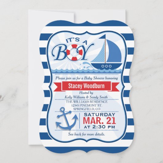 赤航海のちゃんシャワー、青と白のストライプ 招待状 (正面)