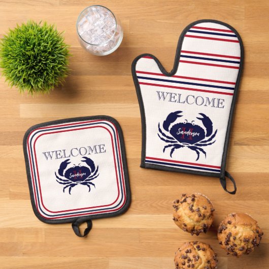 赤航海のモノグラムの紺の蟹 鍋つかみ&鍋敷きセット (トップダウン)