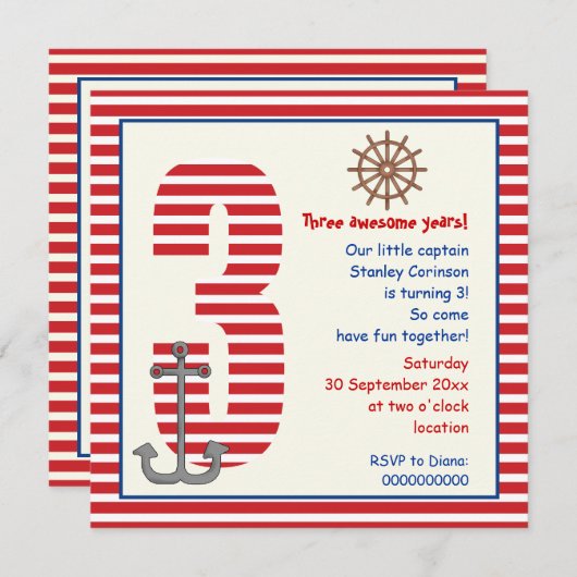 赤航海の白い帆船3歳の誕生日パーティー 招待状 (正面/裏面)