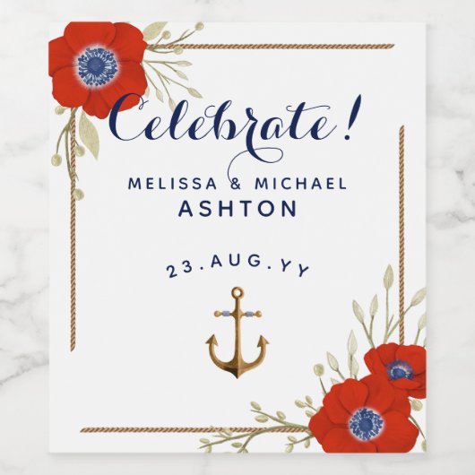 赤航海の白と青のアネモネスの日付結婚 ワインラベル (シングルラベル)