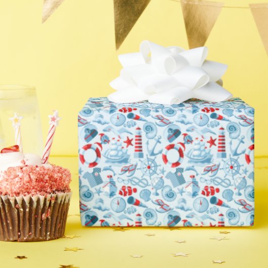 赤航海の白と青のパターン ラッピングペーパー (誕生日パーティー)