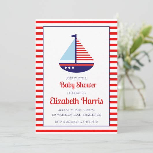赤航海の白と青の帆船の赤ちゃんシャワー 招待状 (スタンド正面)