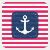 赤航海の白ストライプ色ネイビーブルーバナーいかり スクエアシール (正面)