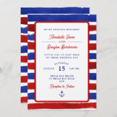 赤航海の青ストライプ素朴水結婚色 招待状 (正面/裏面)