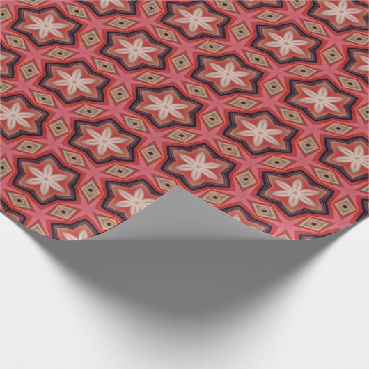 赤色に幾何学的な万華鏡のような白い花 ラッピングペーパー (角)