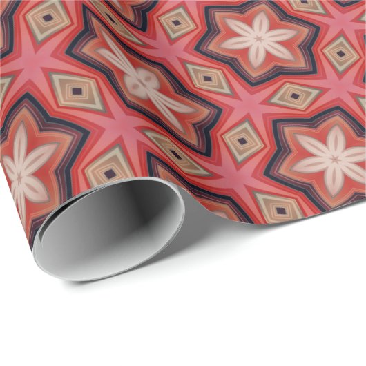 赤色に幾何学的な万華鏡のような白い花 ラッピングペーパー (ロールコーナー)
