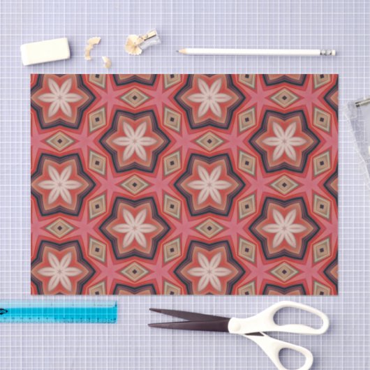 赤色に幾何学的な万華鏡のような白い花 薄葉紙 (クラフト)