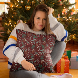 赤色冬植物模様 クッション