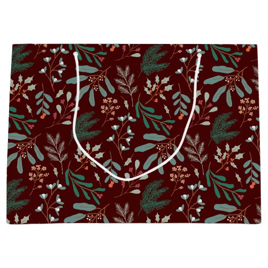 赤色冬植物模様 ラージペーパーバッグ (正面)