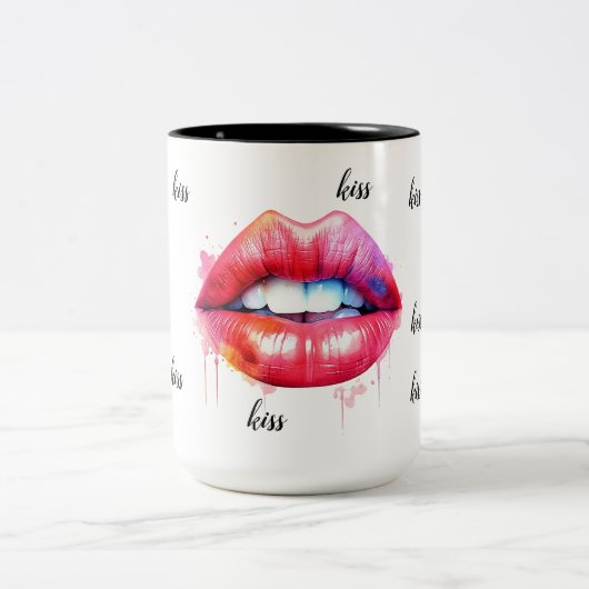 赤色彩の鮮やか唇の水色 ツートーンマグカップ (中央)