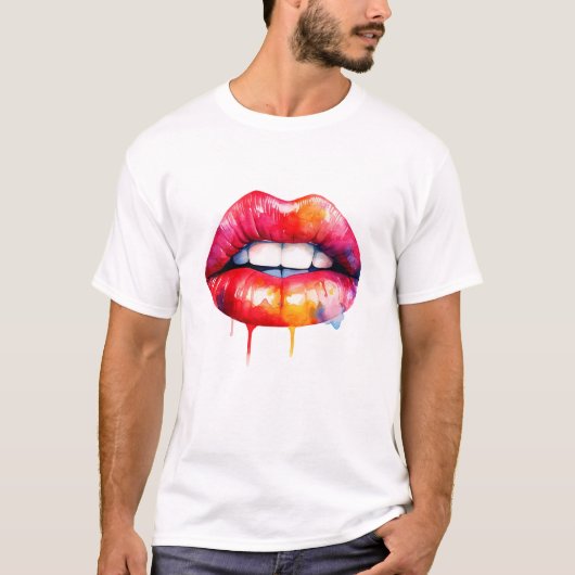 赤色彩の鮮やか唇の水色 Tシャツ (正面)