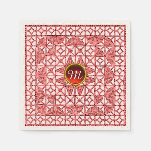 赤色白色幾何学レース宝石モノグラム スタンダードカクテルナプキン (正面)
