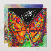 赤色蝶ブルー金ゴールド黄色スパークルズモノグラム 案内状 (正面/裏面)