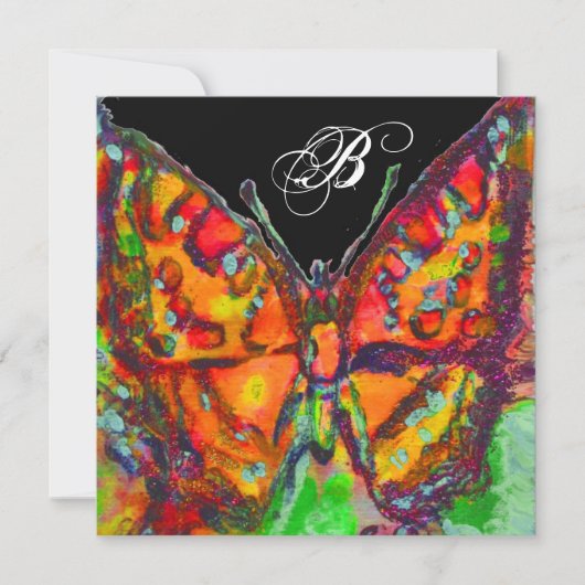 赤色蝶ブルー金ゴールド黄色スパークルズモノグラム 案内状 (正面)