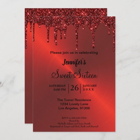 赤色金属グリッターSweet sixteen招待状 招待状 (正面/裏面)