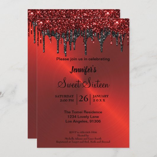 赤色金属グリッターSweet sixteen 招待状 (正面/裏面)