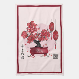 赤花盆栽「調和を求める中国の」 キッチンタオル