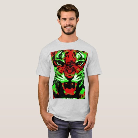 赤芸術的と緑の虎の顔絵画 Tシャツ (正面フル)