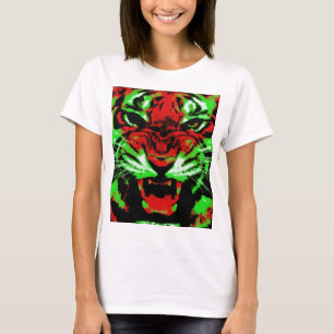 赤芸術的と緑の虎の顔絵画 Tシャツ