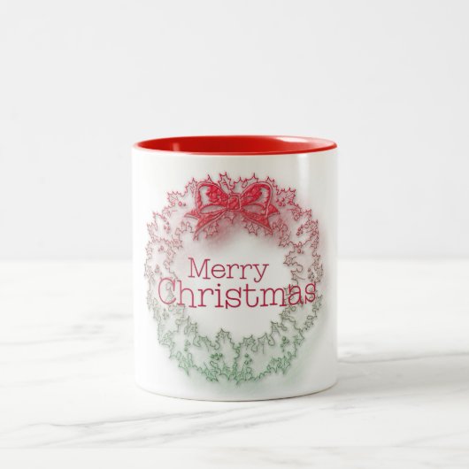 赤芸術的緑のクリスマスリースコーヒーマグ ツートーンマグカップ (中央)