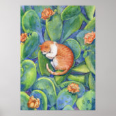 赤茶模様の猫が咲くサボテンの中で眠るアート ポスター (正面)