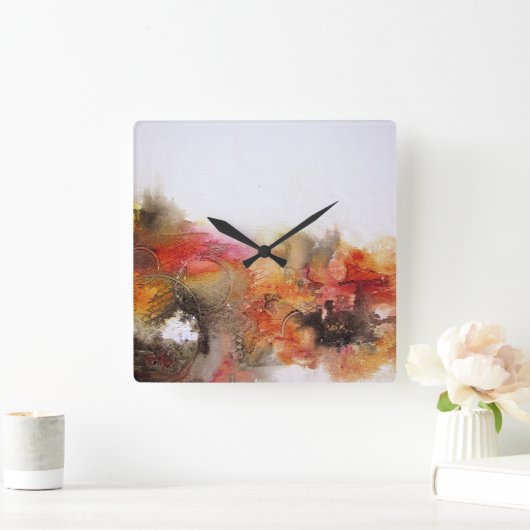 赤茶色のオレンジ色の白色のモダン抽象芸術アート スクエア壁時計 (ホーム)